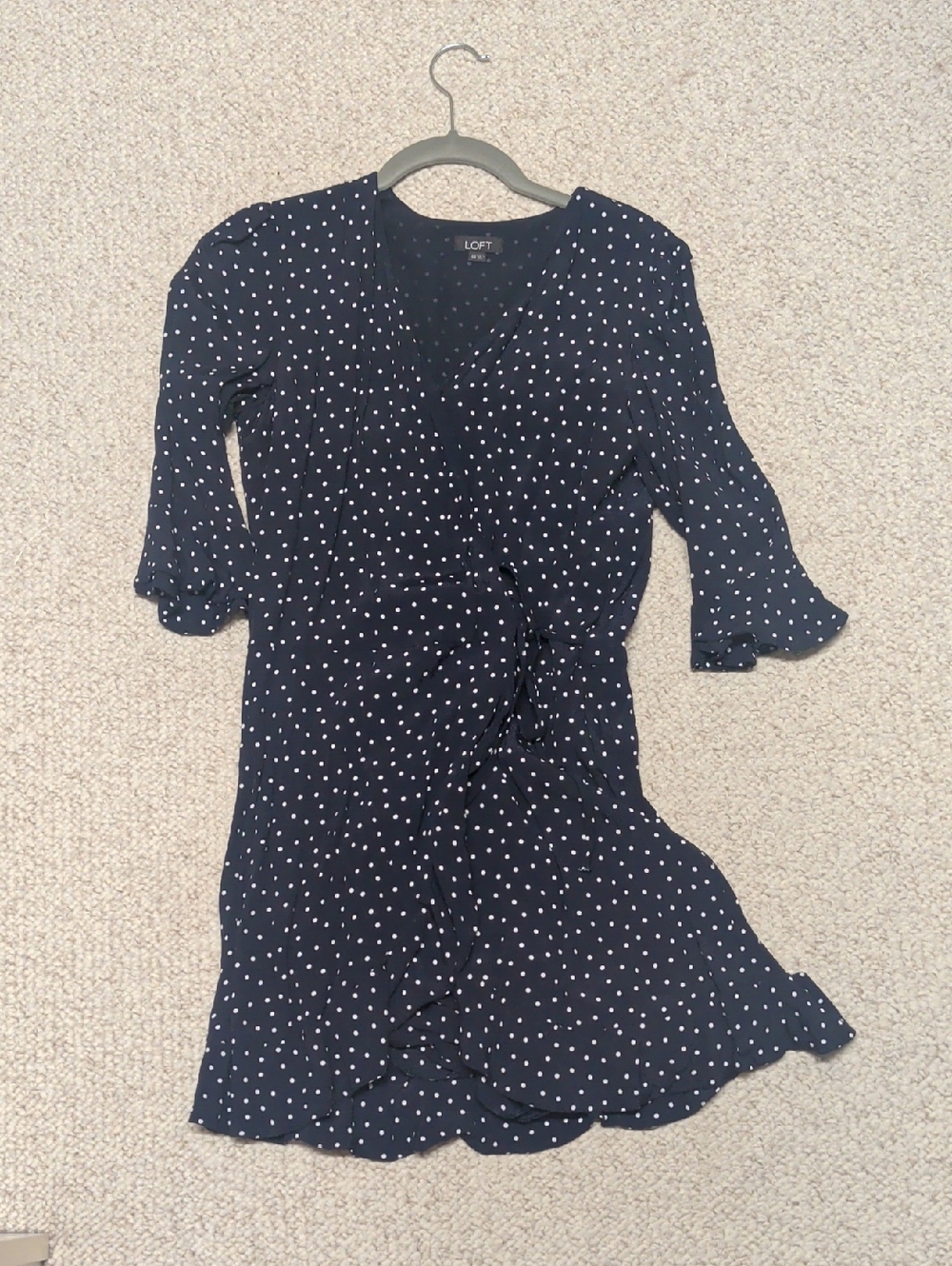 LOFT Navy Polka Dot Wrap Skirted Romper with Ruffle Hem
